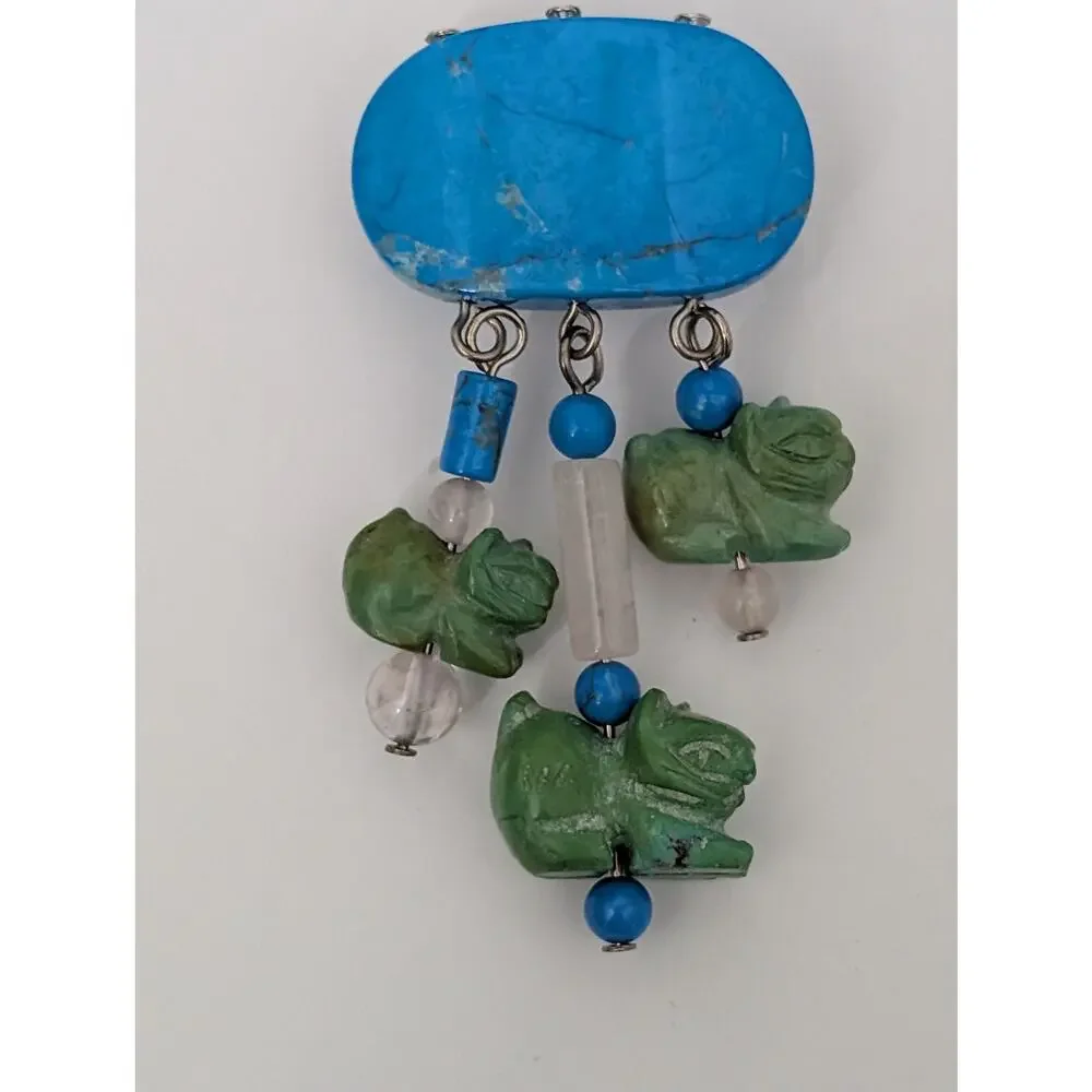 Vintage Zuni Style Carved Stone Cat Fetish Brooch Turquoise and Quartz